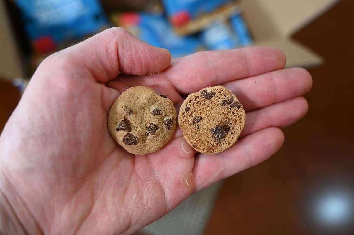 Closeup image of two cookies one face up and one face down on a hand. 