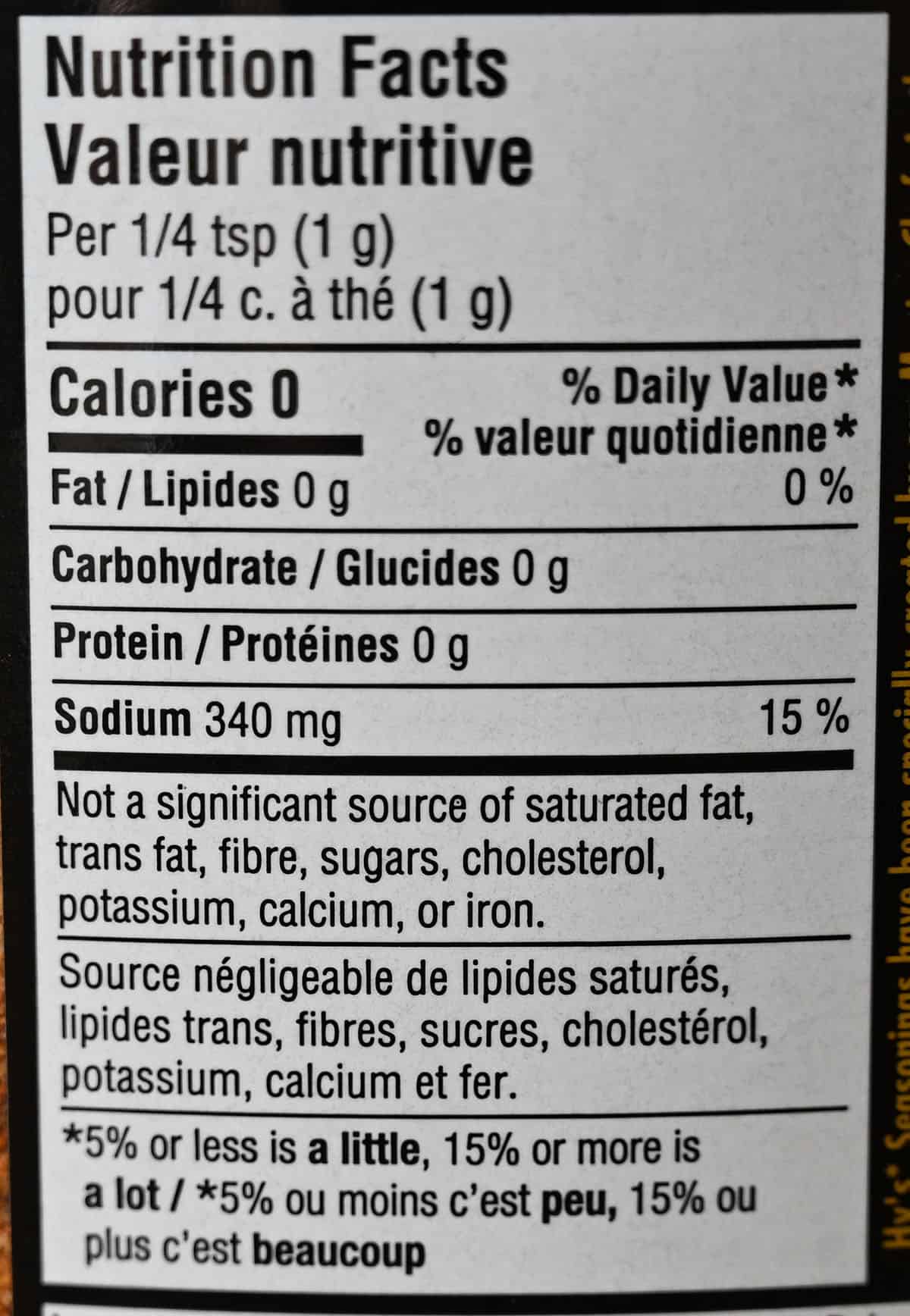 Hy's nutrition facts from container.