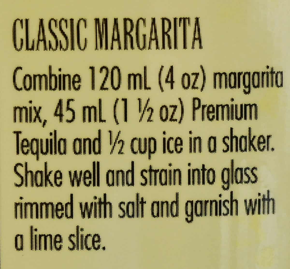 Classic margarita recipe using mix from label.