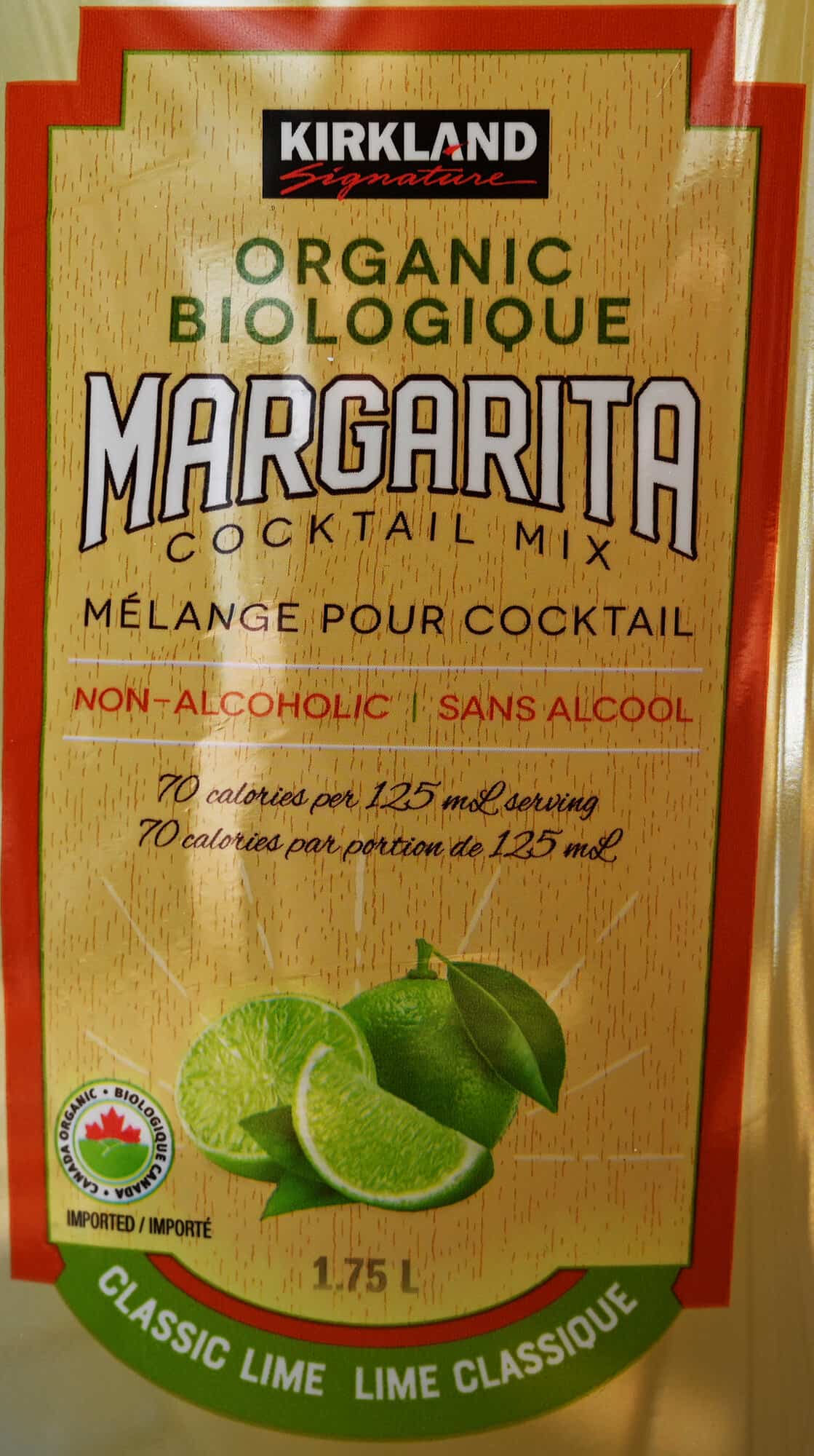 Closeup image of the front label on the Kirkland Signature Organic Margarita Mix showing the calories and that it's non-alcoholic.