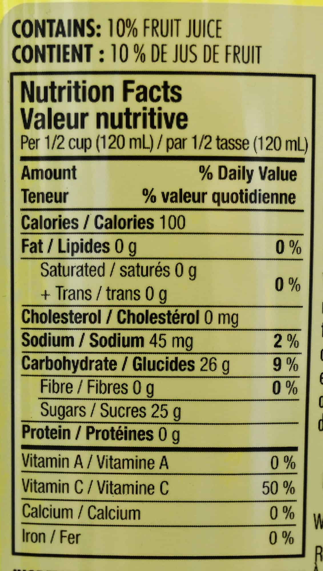 Image of the old margarita mix nutrition facts from the back of the bottle.