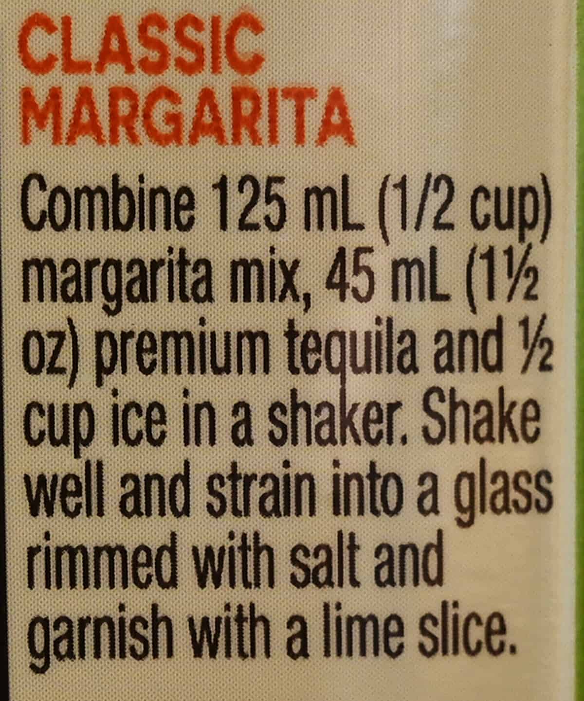 Image of a recipe for a classic margarita from the back of the bottle of mix.