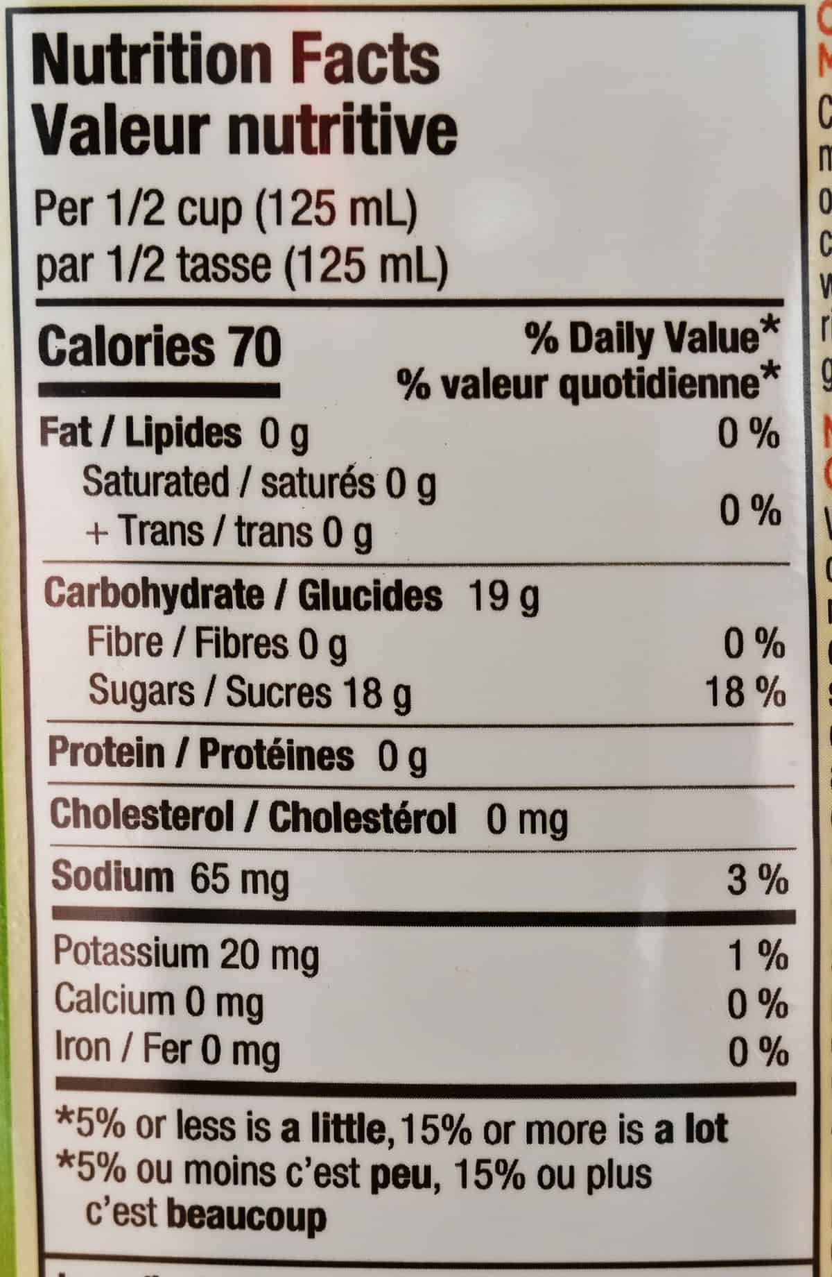 Image of the nutrition facts for the Kirkland Signature Organic Margarita Mix.