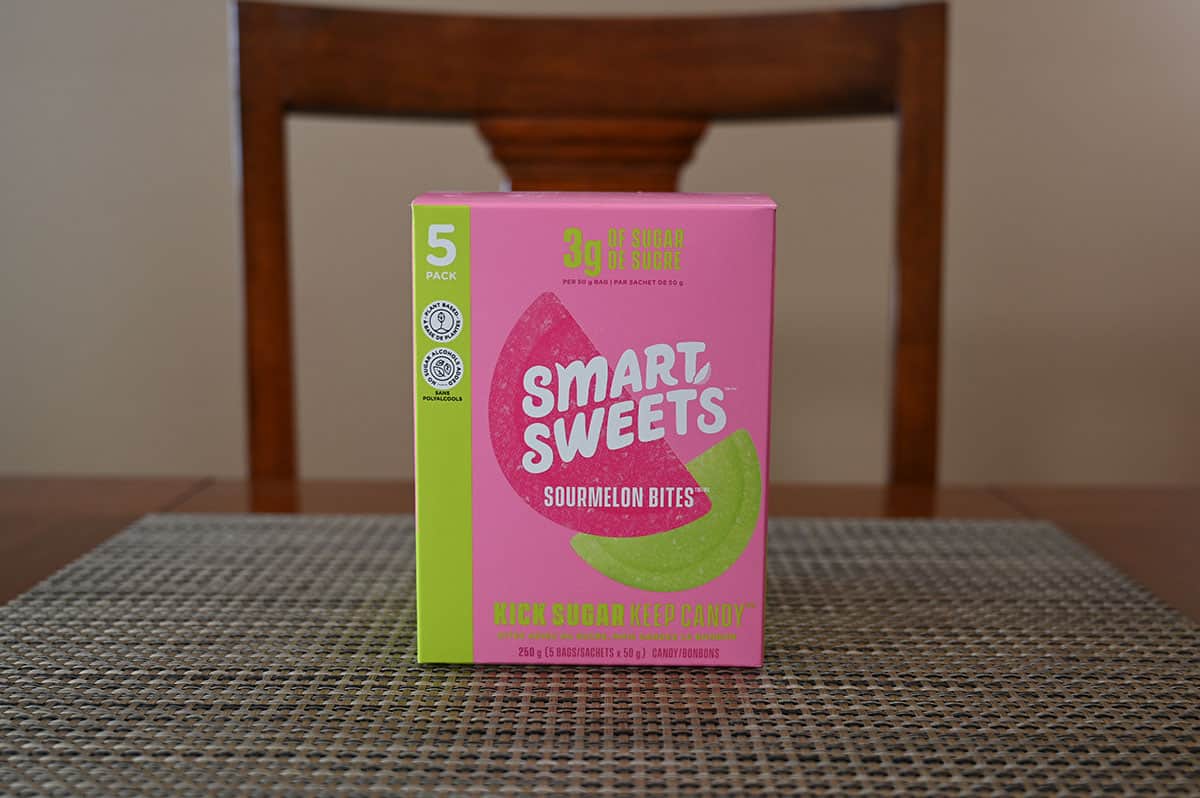 Costco Smart Sweets Sourmelon Bites box sitting on a table.