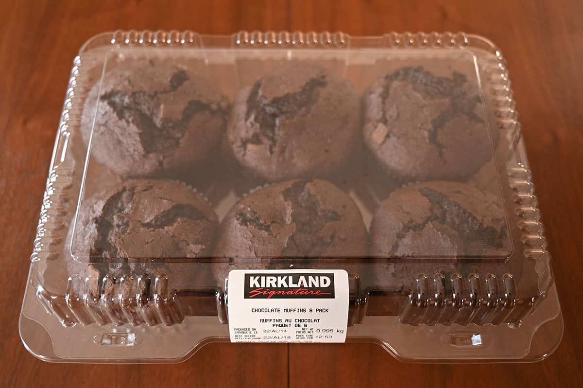 Costco Kirkland Signature Chocolate Muffins Six pack sitting on a table.
