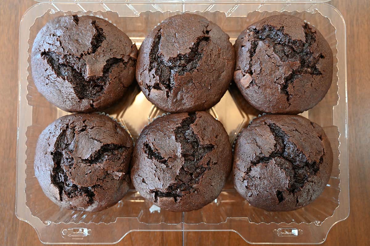 Top down image of the six pack of Costco chocolate muffins with the lid off.