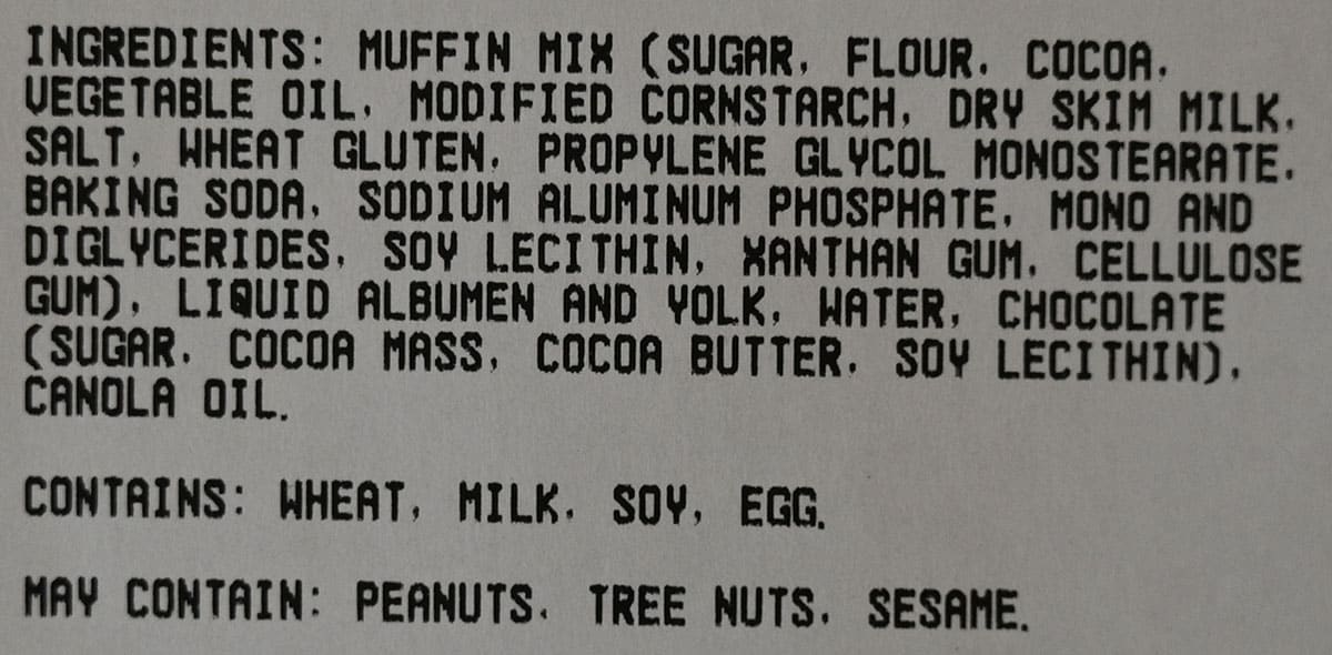 Costco Kirkland Signature Chocolate Muffin Ingredients from package.