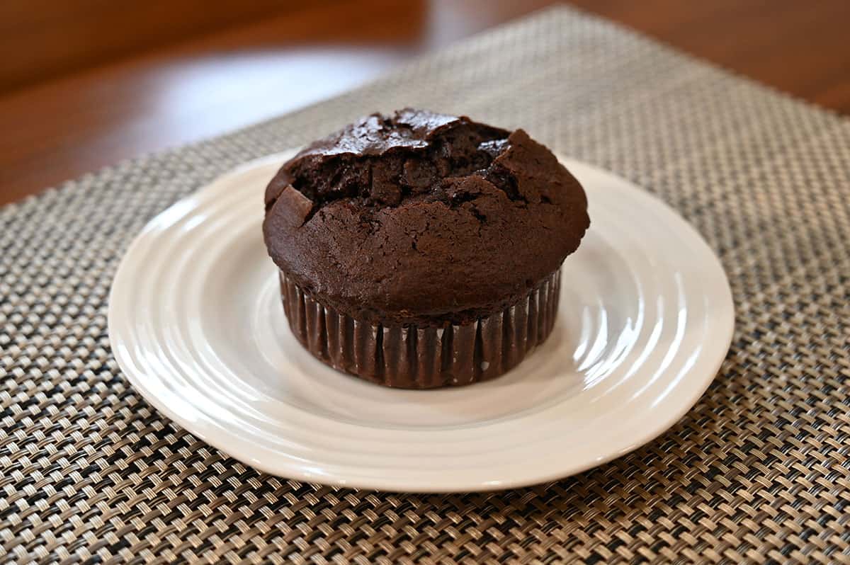 One Costco chocolate muffin on a white plate.