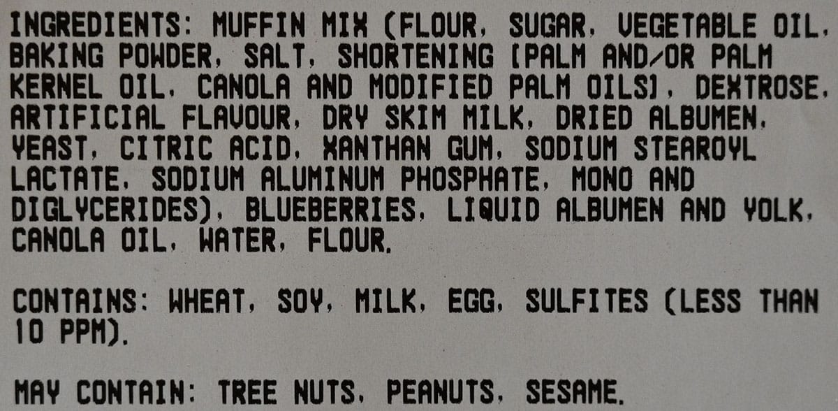 Costco Kirkland Signature Blueberry Muffin Ingredients from package.