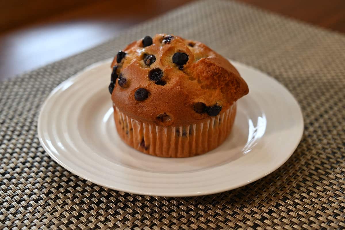 Costco Kirkland Signature Blueberry Muffin served on a white plate.