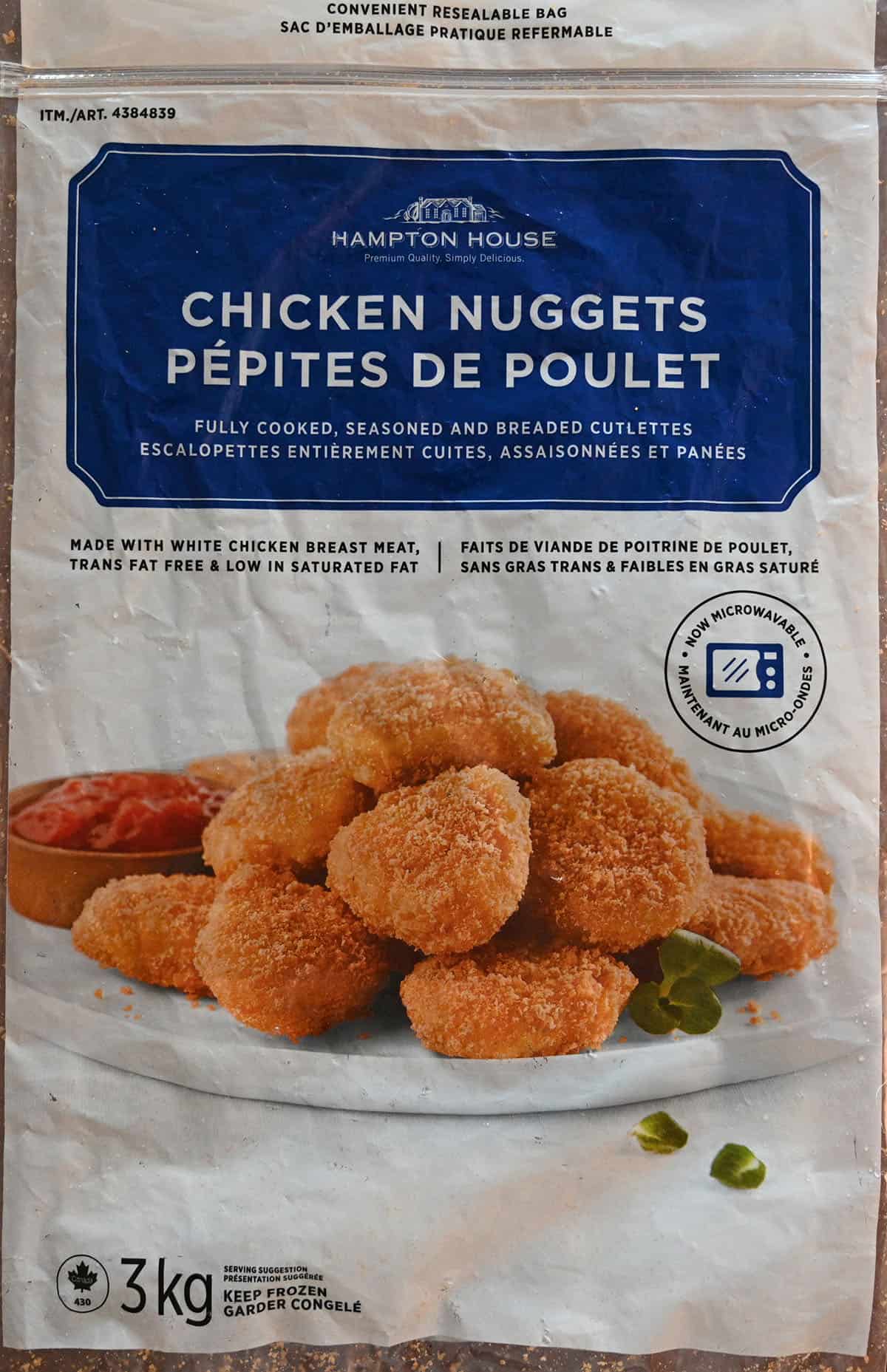 Close up image of the Costco Hampton House Chicken Nuggets bag. 
