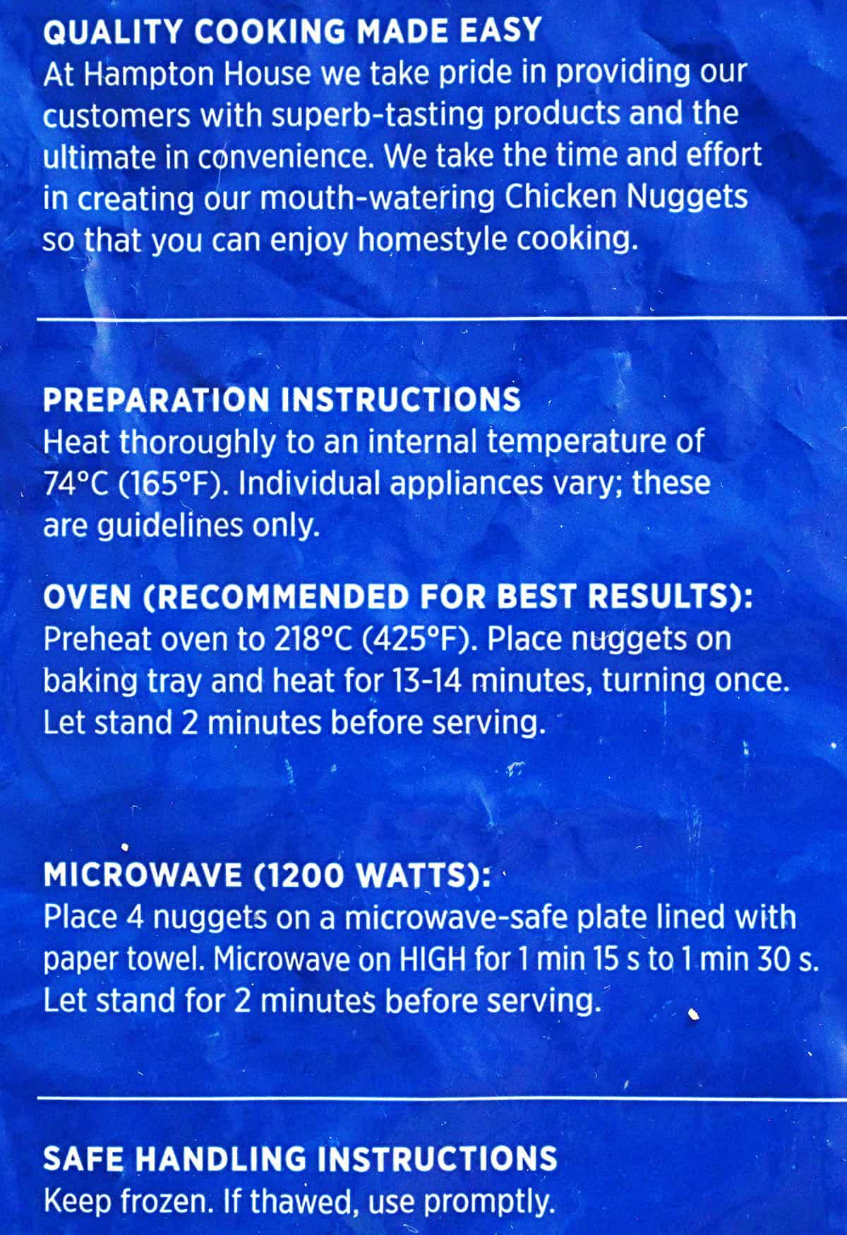 Preparation instructions for the chicken nuggets.