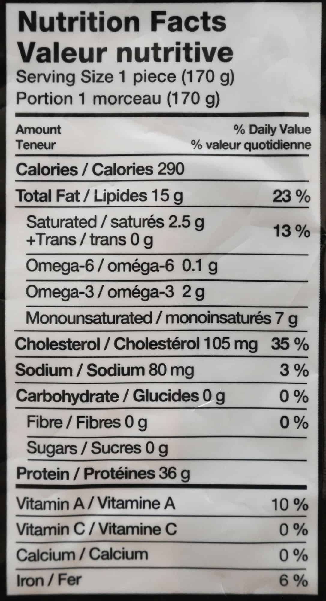 Salmon nutrition facts from the bag for one portion.