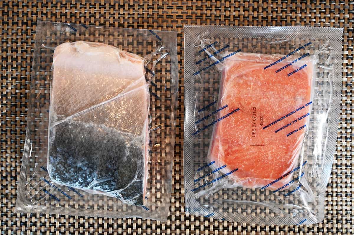 Image showing two individually packaged portions of salmon frozen. One skin side up. 