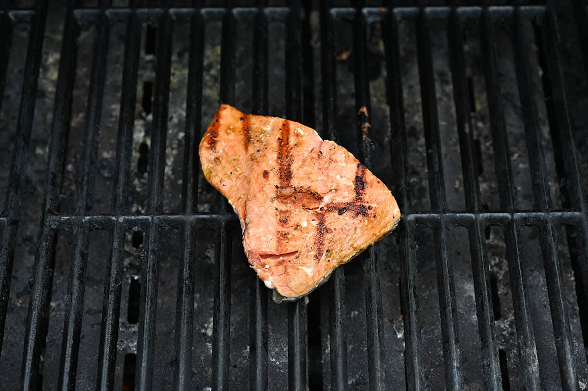 One piece of salmon being barbecued, fish side up.