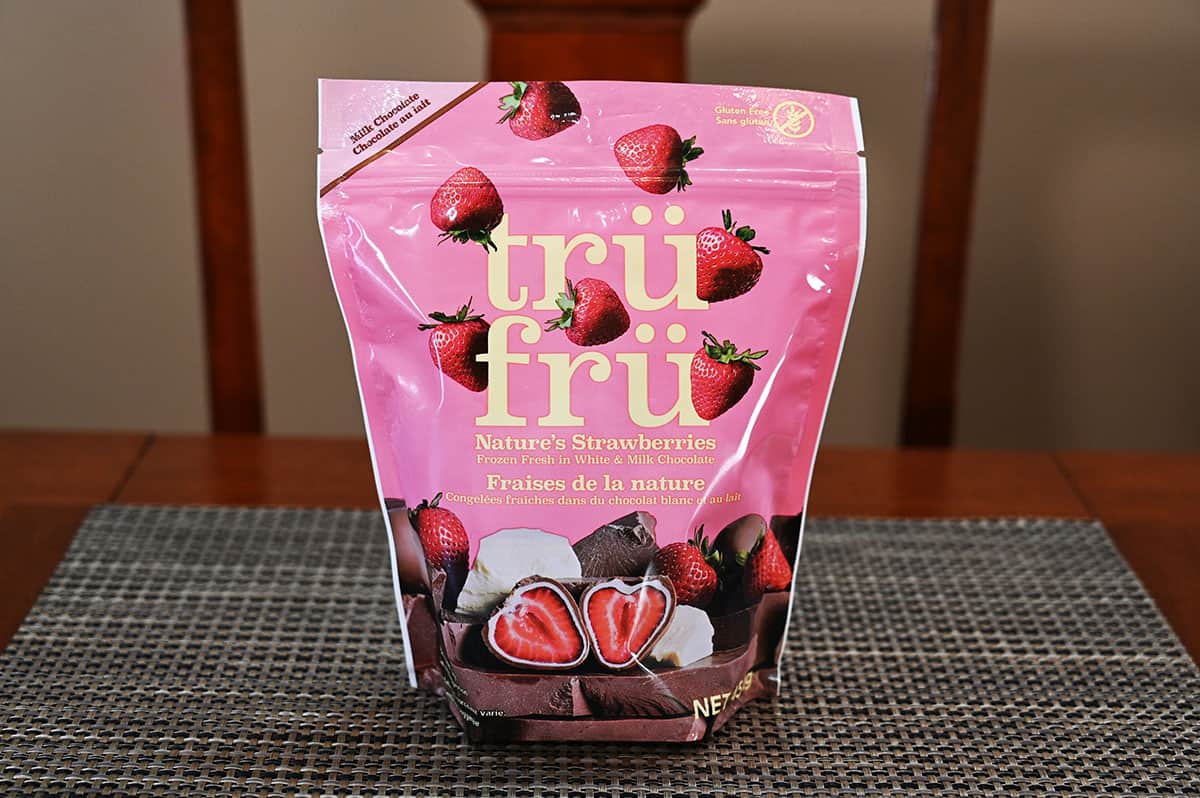 Costco Tru Fru Frozen Chocolate Covered Strawberries bag sitting on a table.