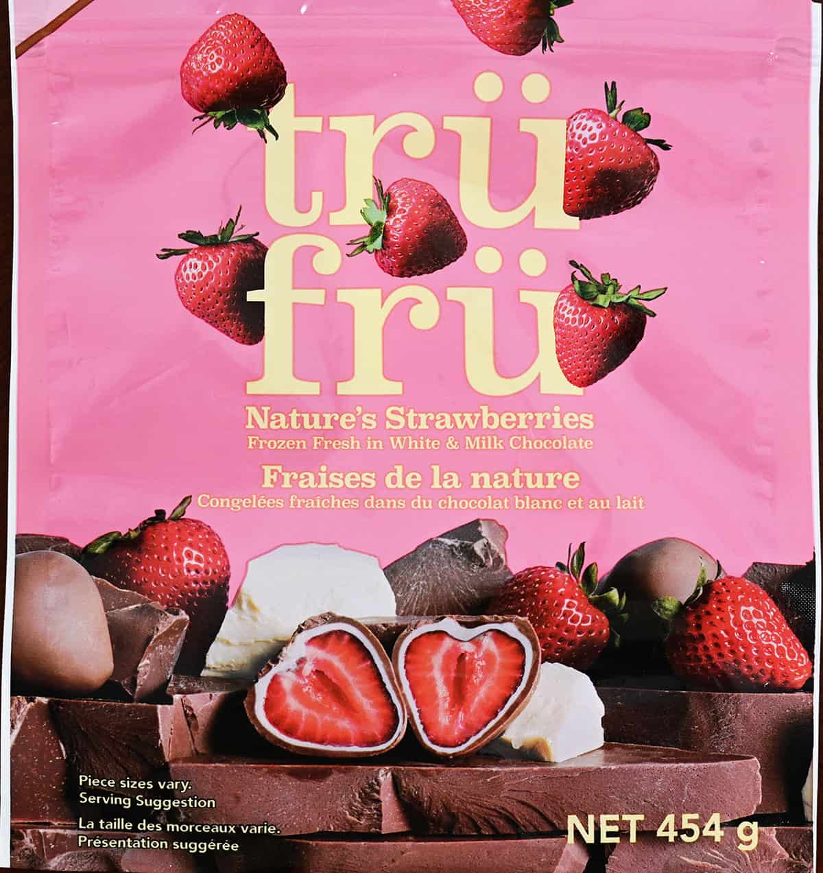 Costco Tru Fru Frozen Chocolate Covered Strawberries bag, close up image. 