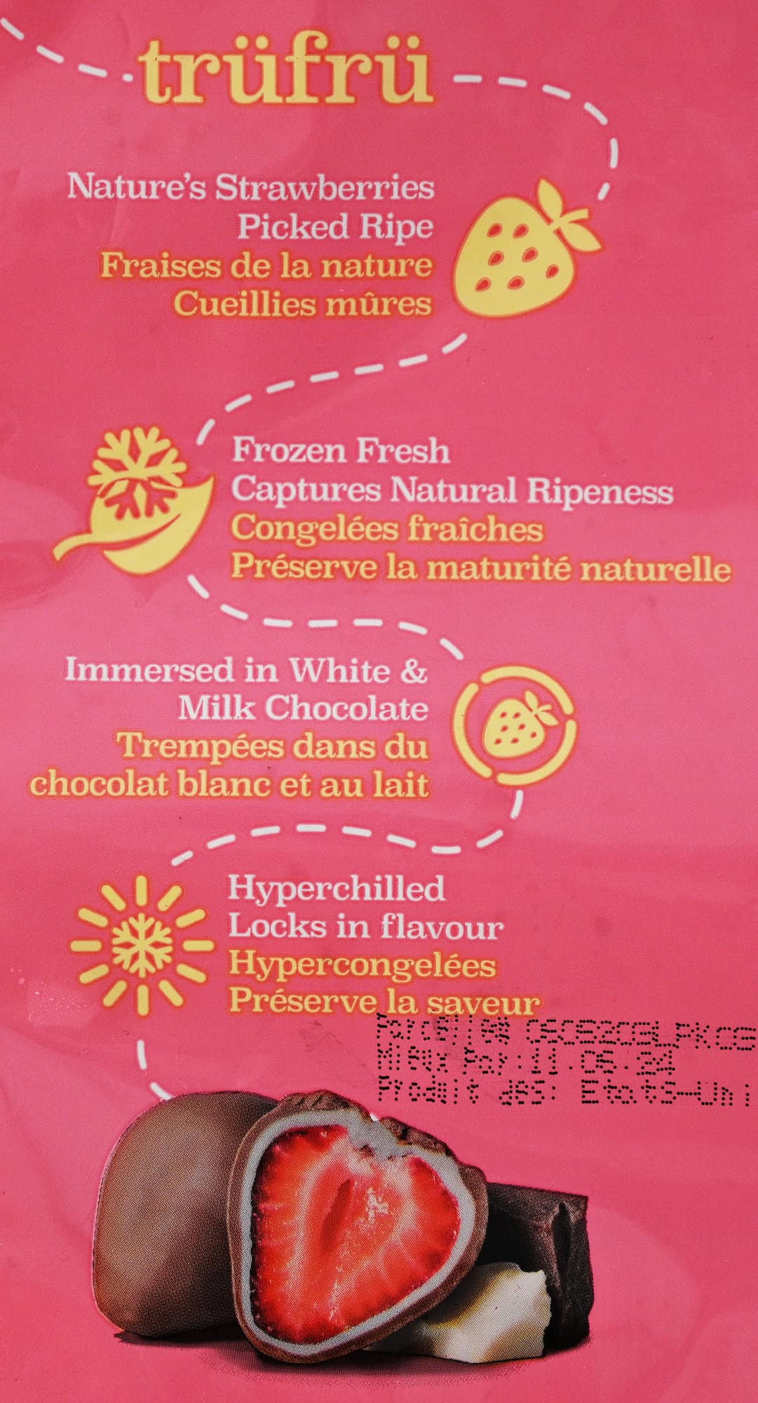 Image of the product description from the bag of the Costco Tru Fru Frozen Chocolate Covered Strawberries. 