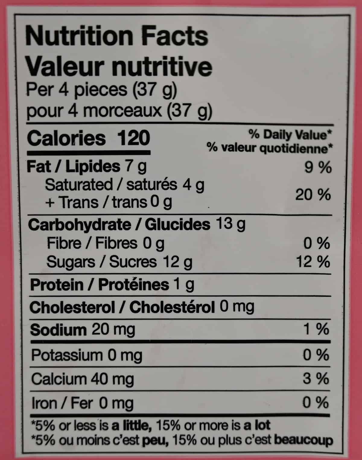 Costco Tru Fru Frozen Chocolate Covered Strawberries nutrition facts from bag.
