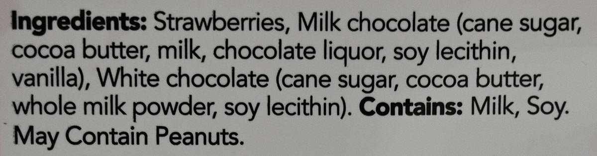 Costco Tru Fru Frozen Chocolate Covered Strawberries ingredients from bag.