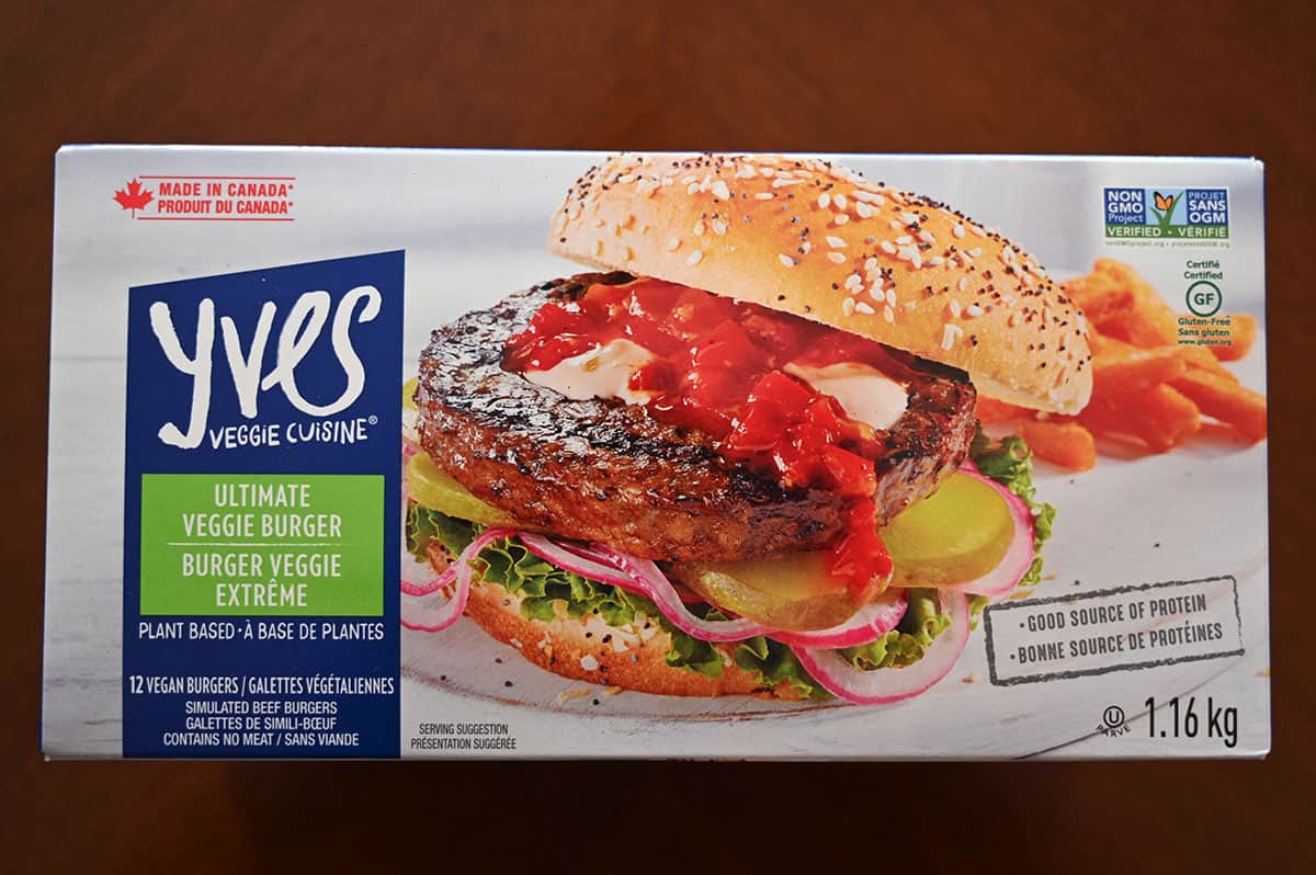 Closeup image of the Yves veggie burger box.
