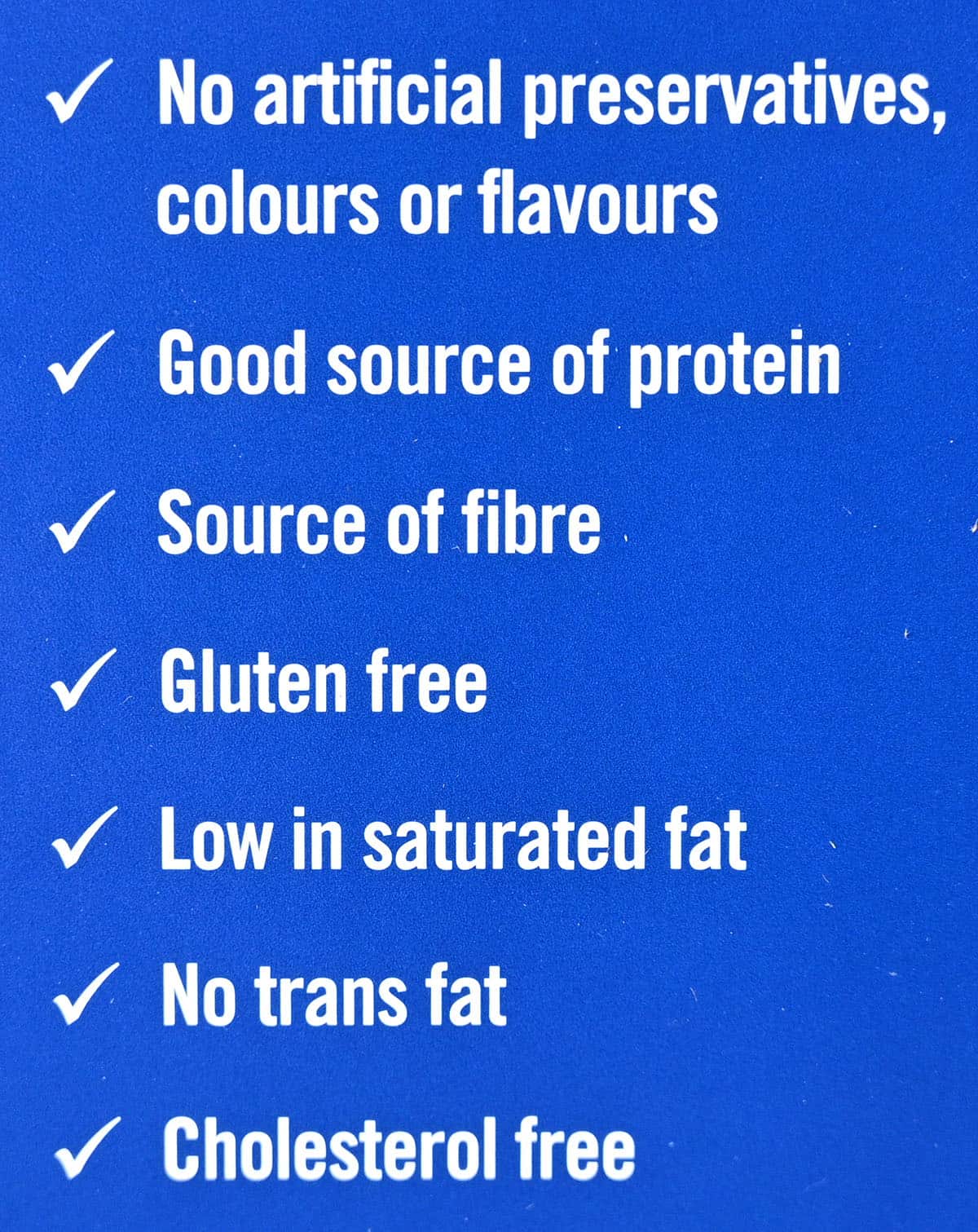 Product highlights from the box - source of fibre, gluten-free, protein source.