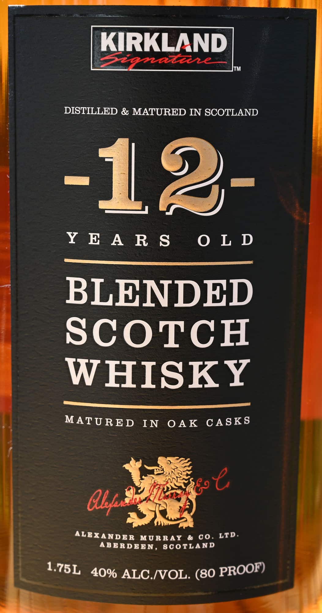 Image of the front label on the bottle on the Costco 12 Years Old Blended Scotch Whisky.