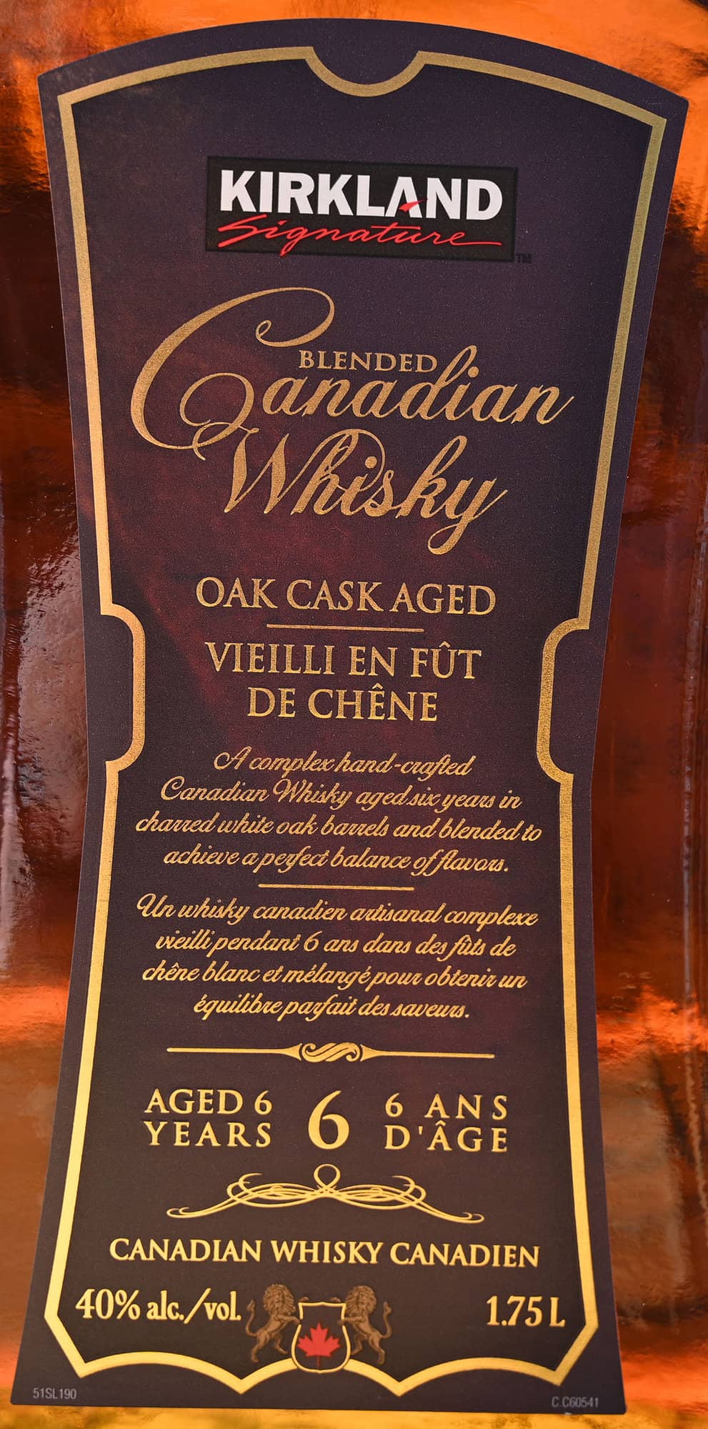 Image of the front label on the Kirkland Signature Blended Canadian Whisky.