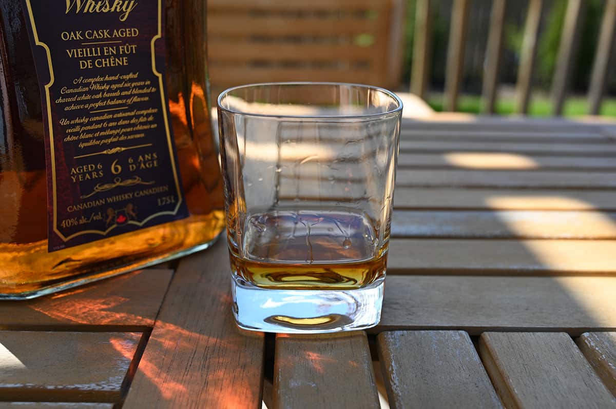 Image of a glass of the Kirkland Signature Blended Canadian Whisky.