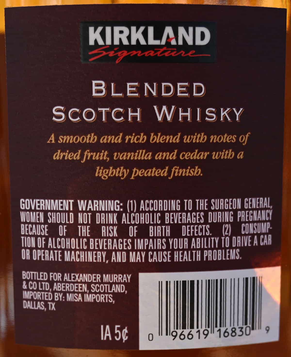 Image of the back label of the Kirkland Signature Blended Scotch Whisky.