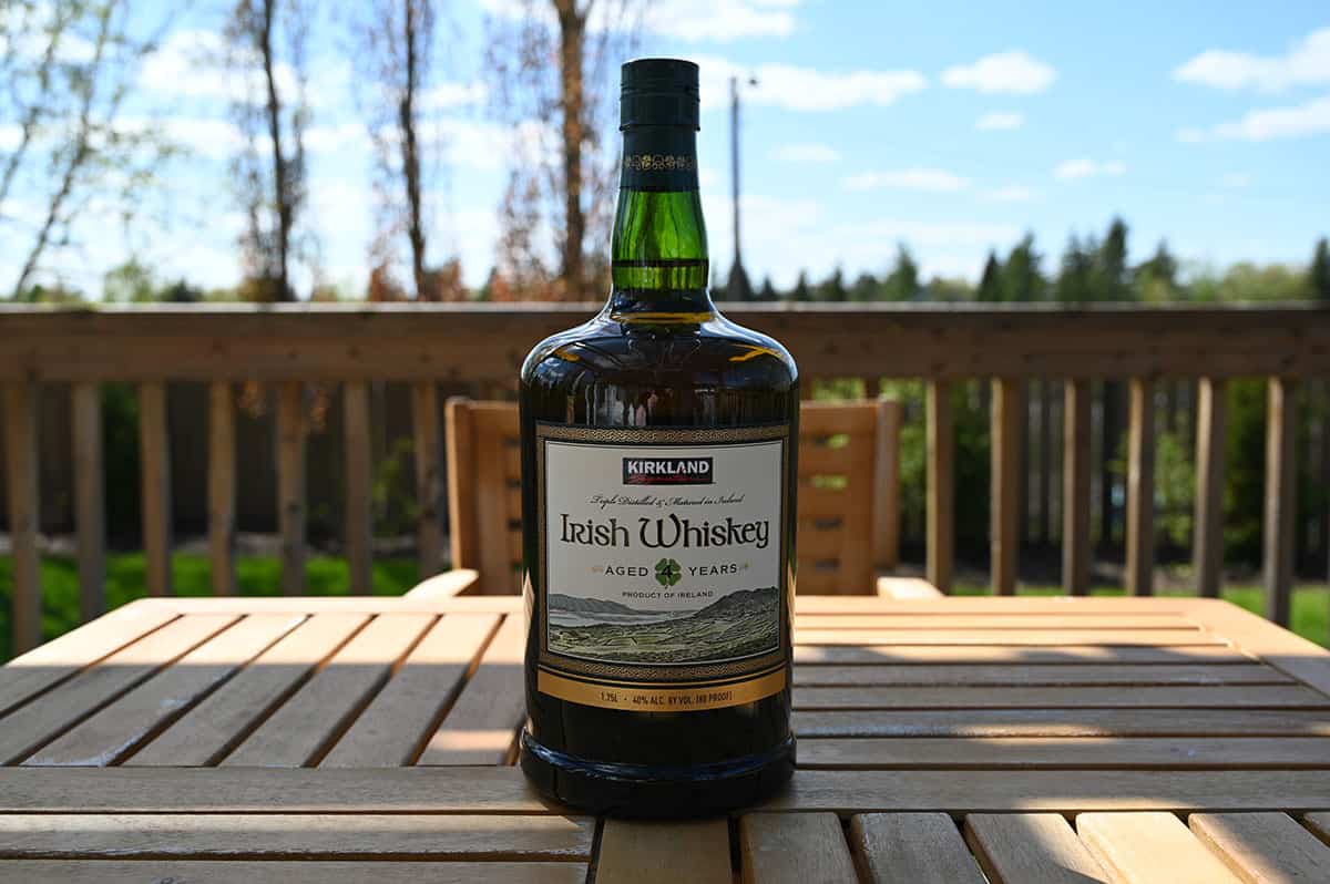 Image of the Kirkland Signature Irish Whiskey bottle sitting on a table.