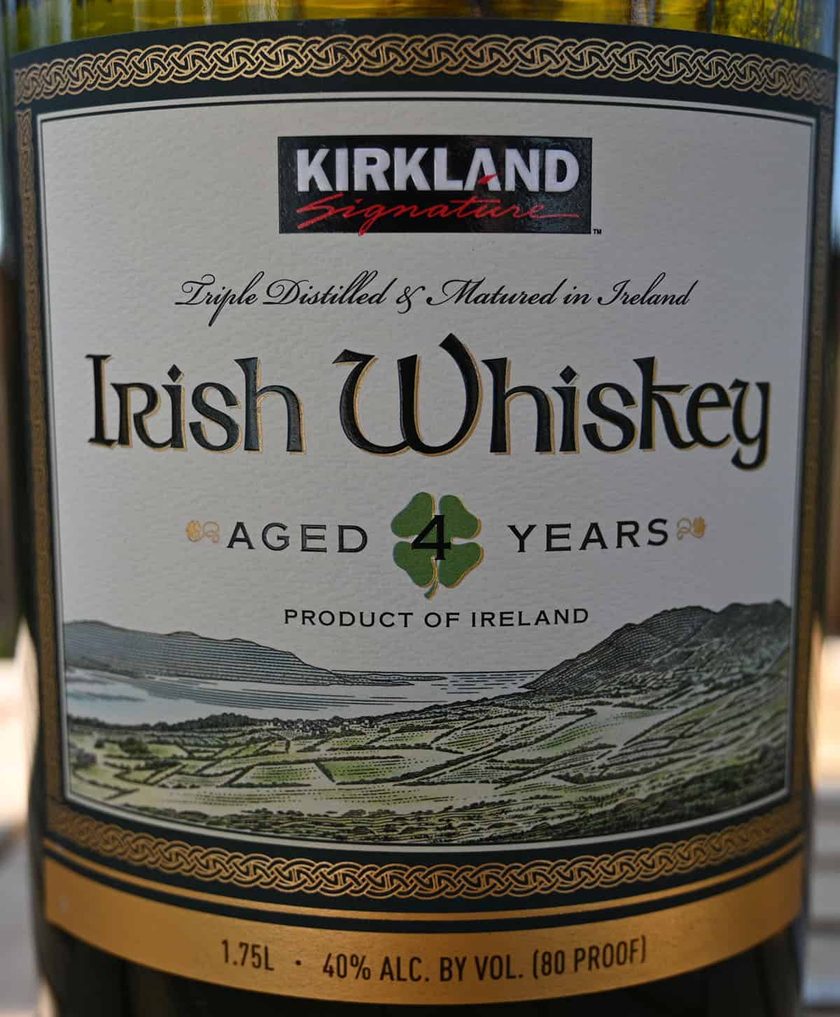Image of the front label on the Kirkland Signature Irish Whiskey.