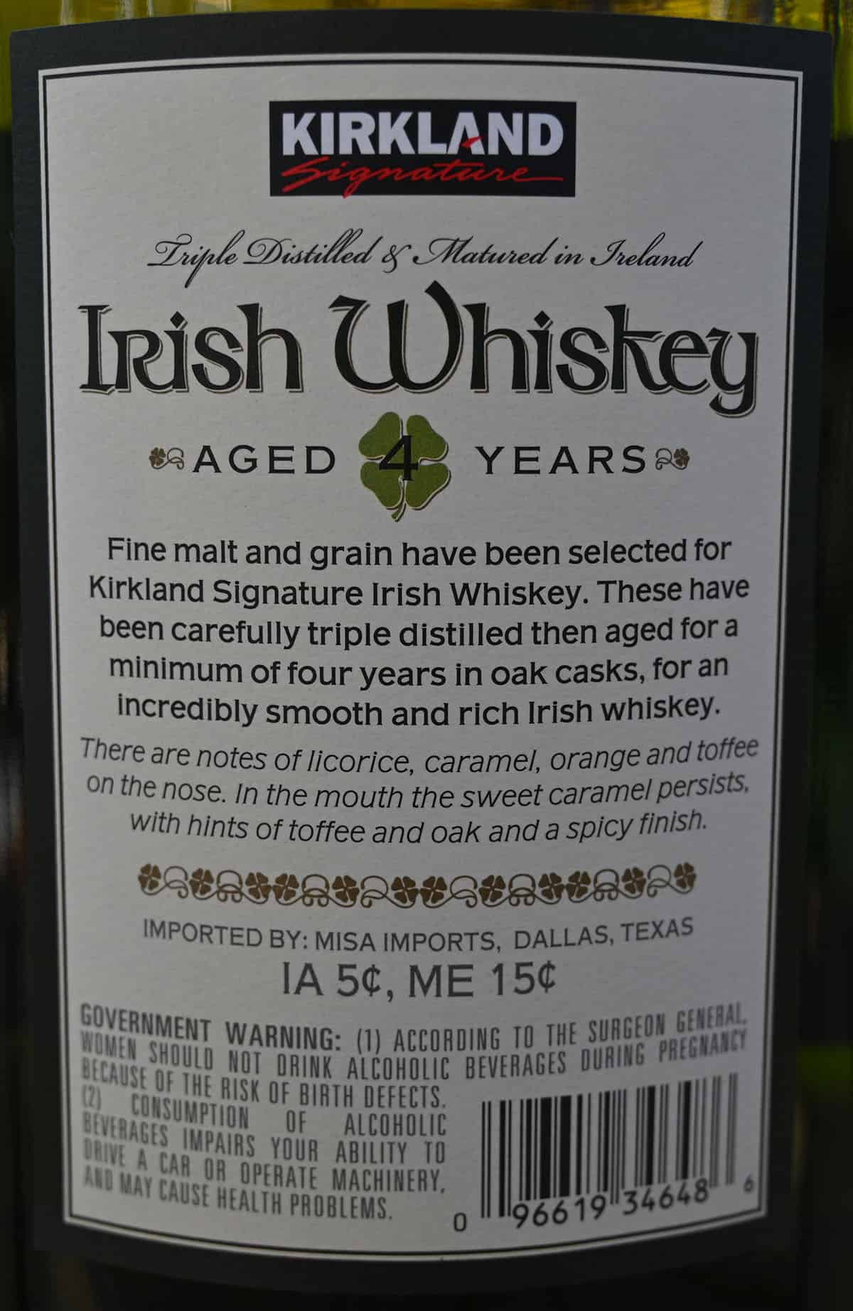 Image of the back label on the Costco Irish Whiskey bottle.