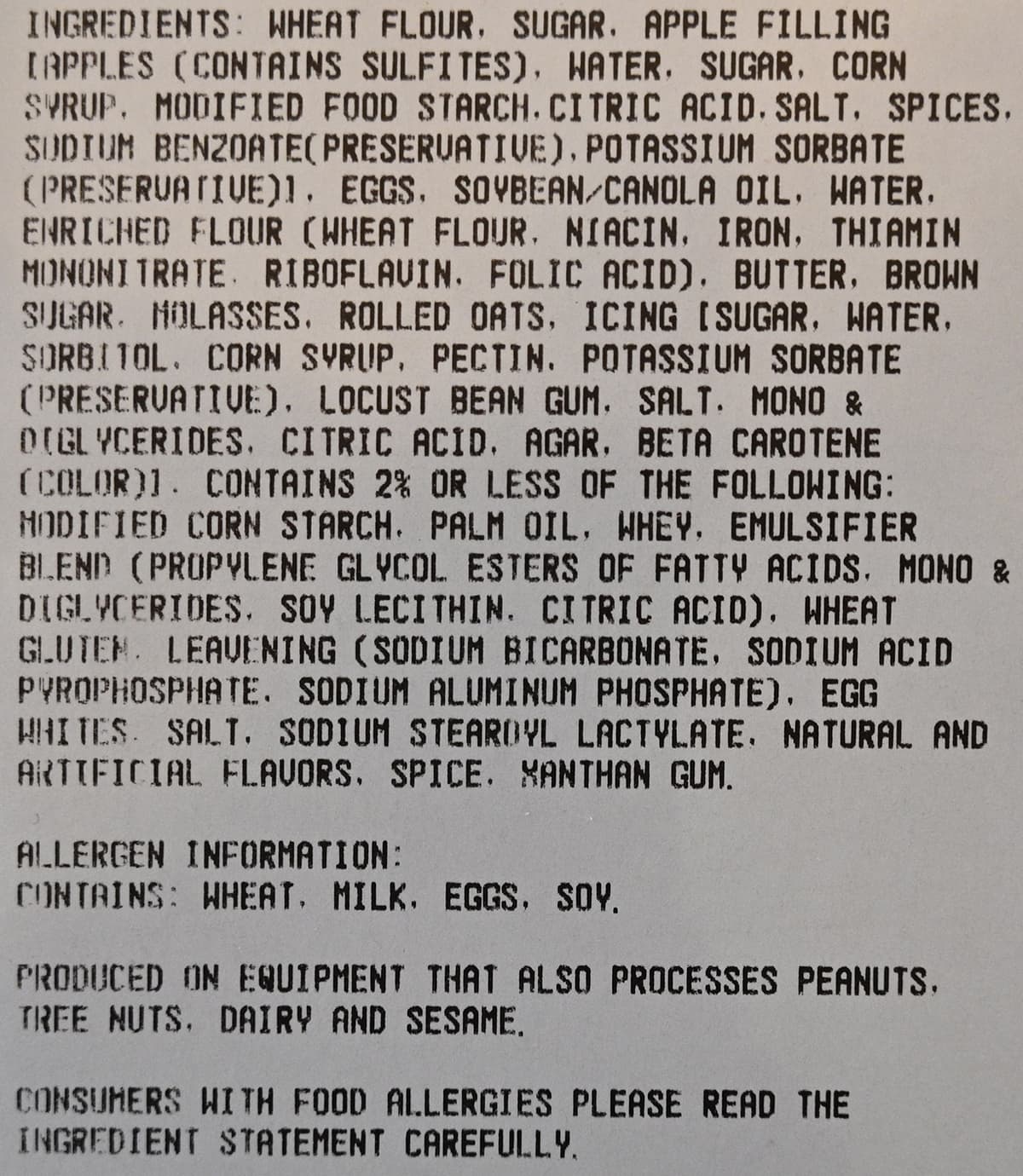 Image of the apple crumb muffin ingredients label from the package.