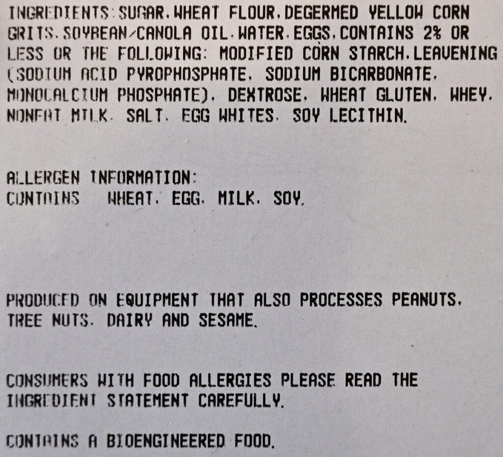 Image of the corn muffin ingredients label from the package.