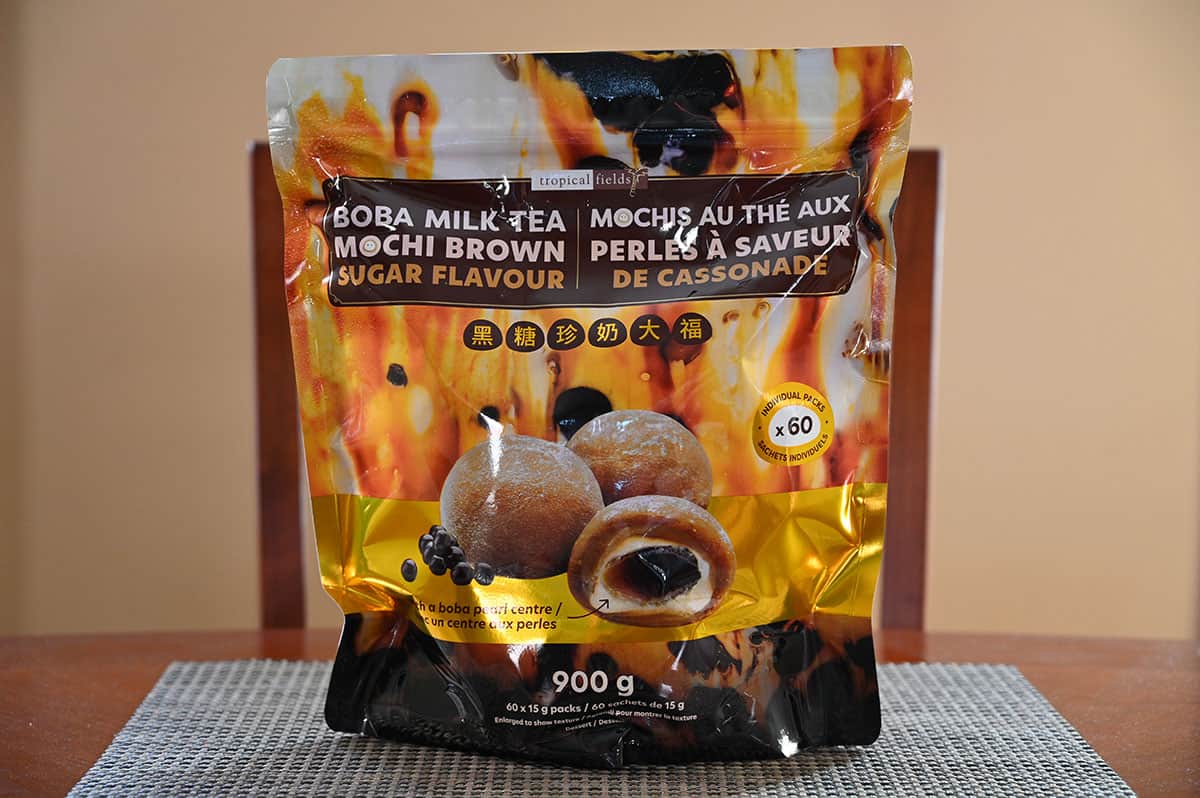 Image of the bag of brown sugar mochi sitting on a table.