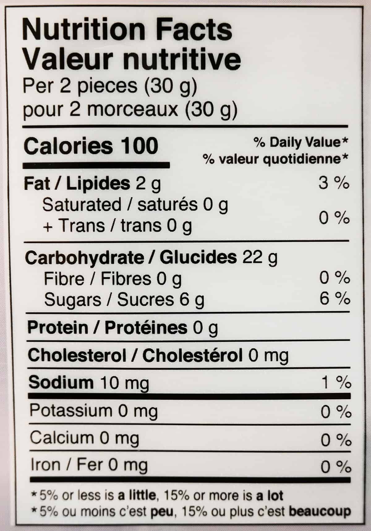 Nutrition facts for mochi from bag.