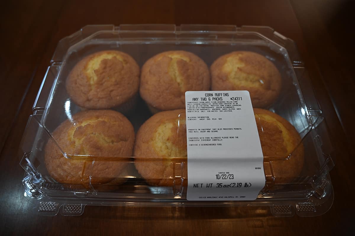 Top down image of the six pack of Costco corn muffins with the lid on.