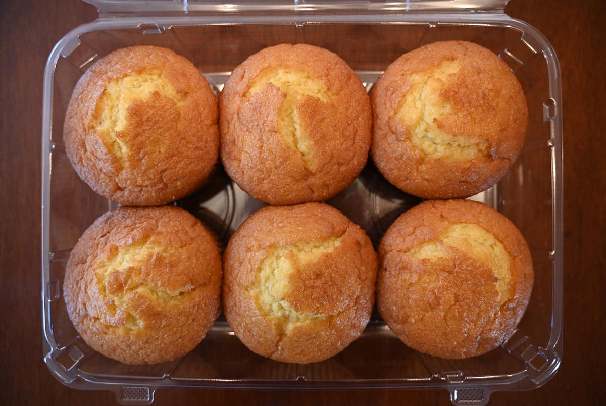 Top down image of the Costco corn muffins with the lid off.