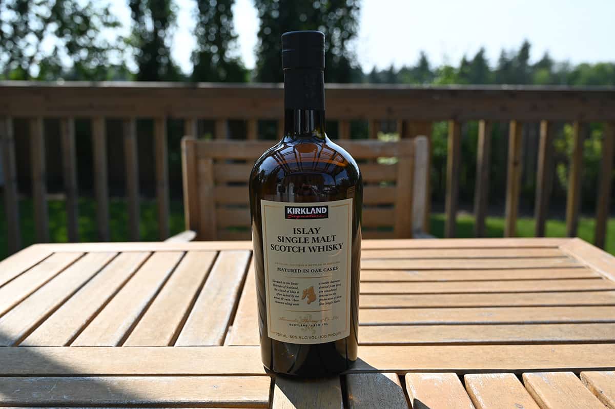 Image of an unopened Kirkland Signature Islay Single Malt Scotch Whisky sitting on a table.