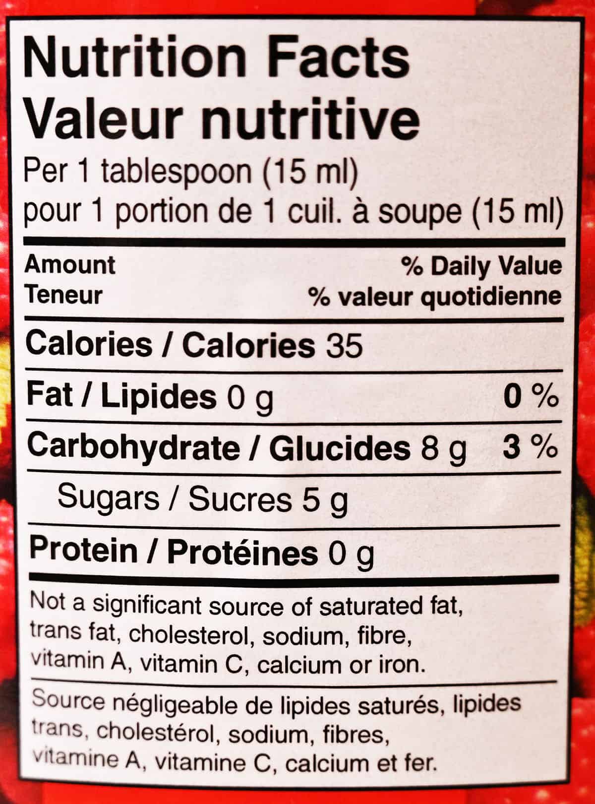Jam nutrition facts from label on jar.