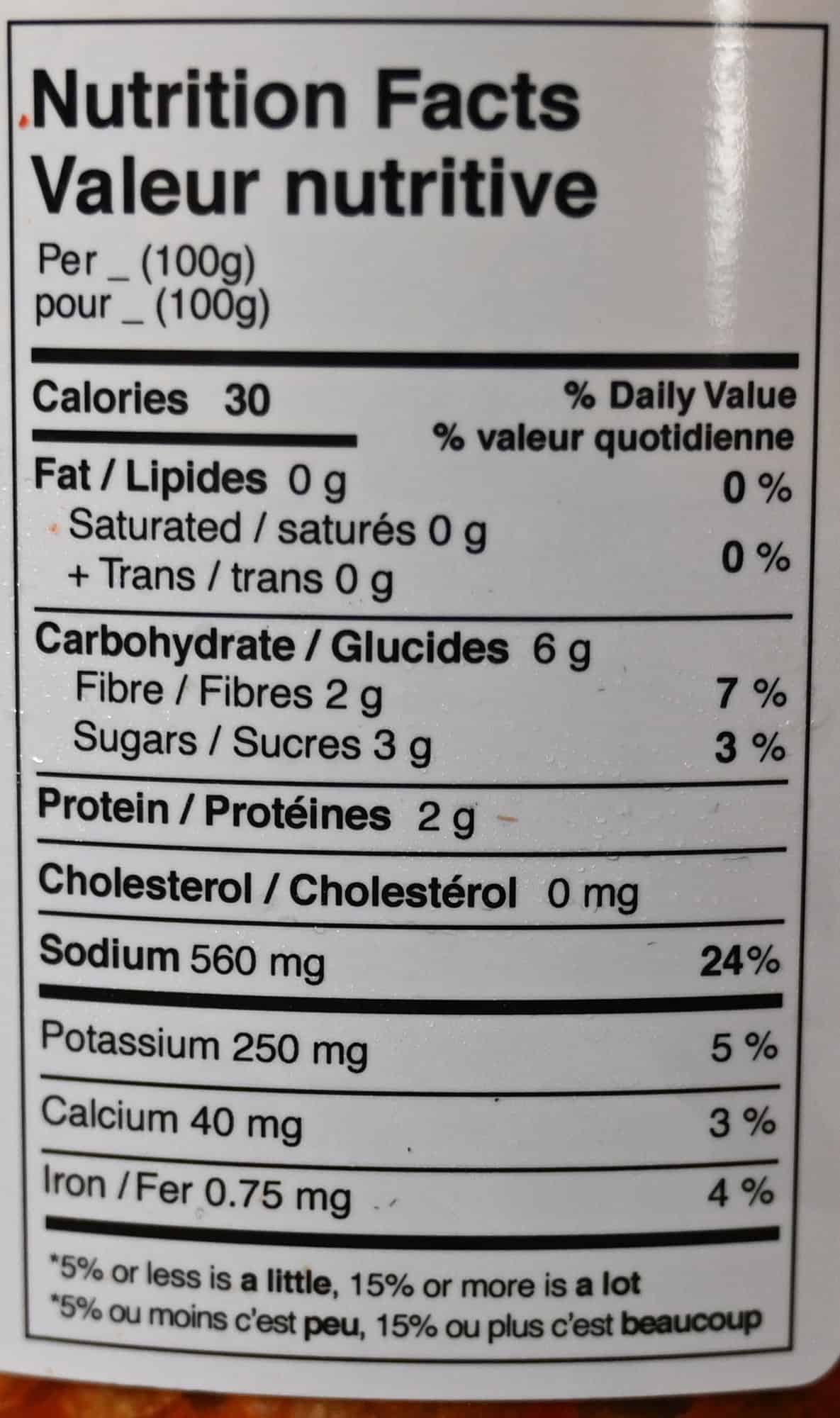 Kimchi nutrition facts from the container.