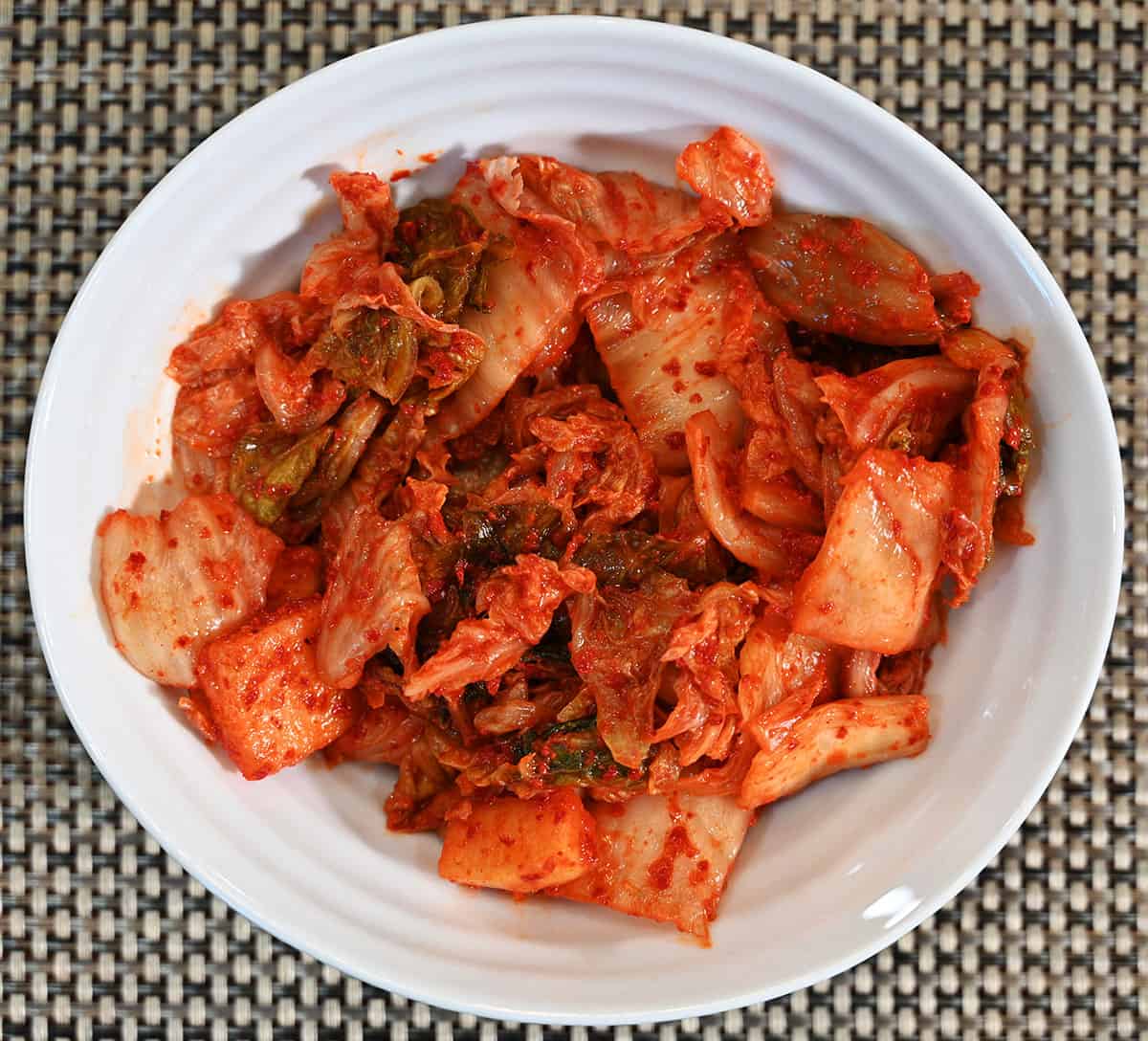 Kimchi in a bowl, top down image.