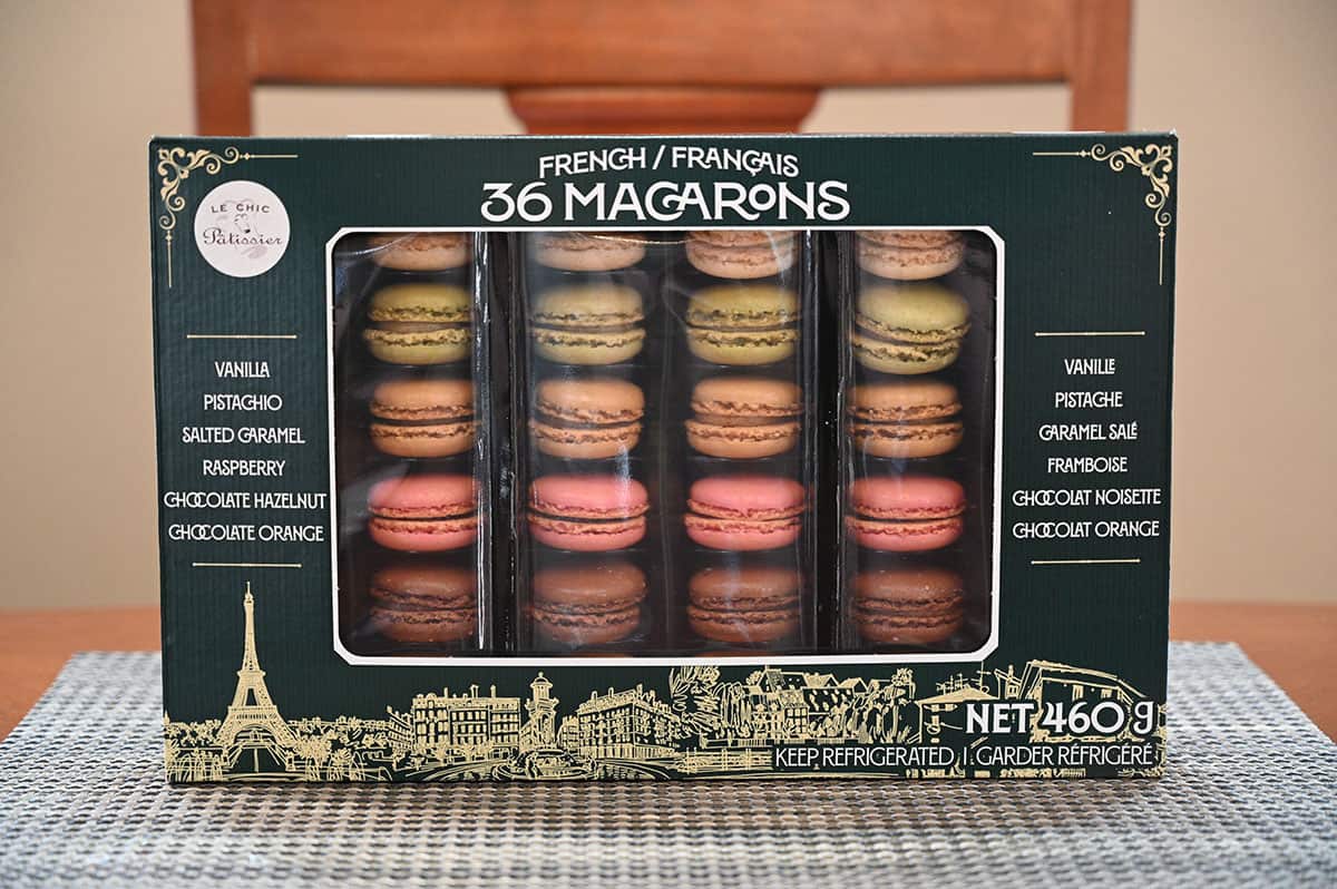 Costco Le Chic Patisserie French Macarons box sitting on a table.