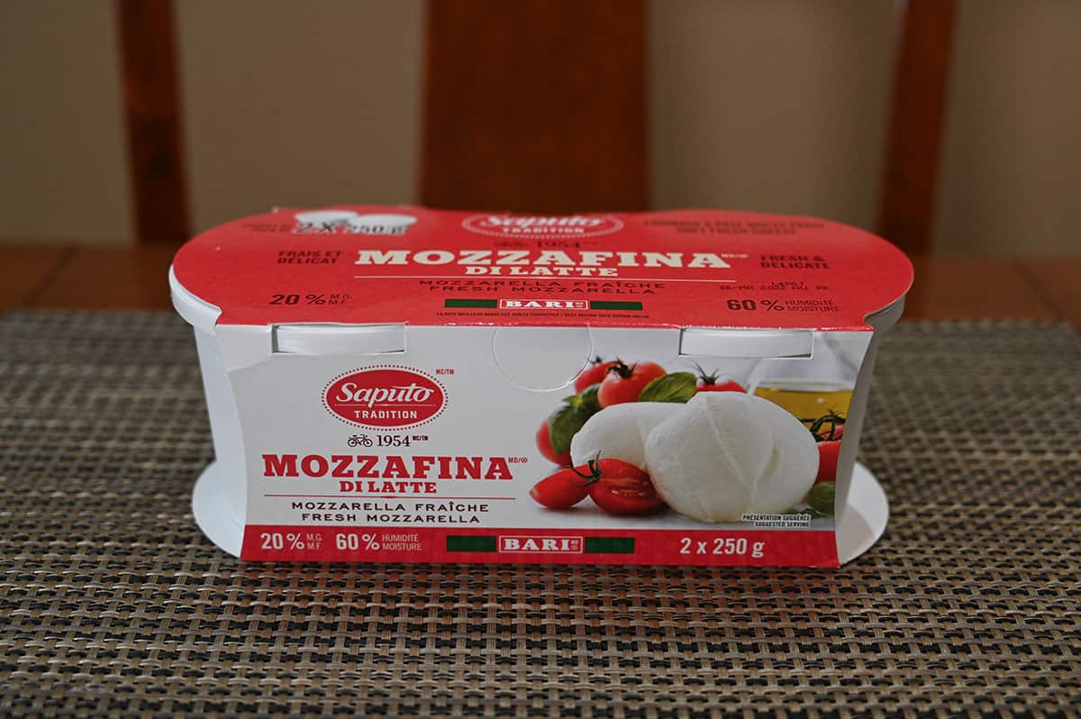 Image of the Costco Saputo Mozzafina Di Latte packaging on a table.