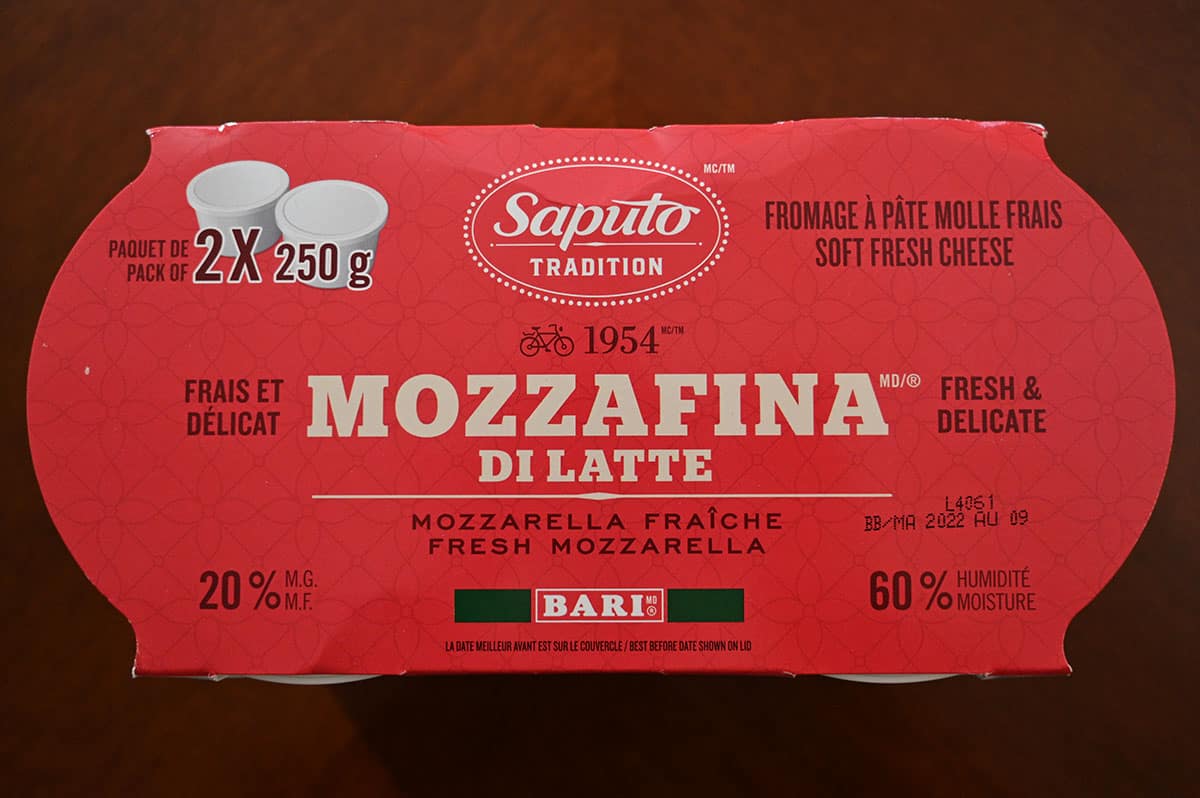 Image of the top of the packaging of the Saputo Mozzafina Di Latte showing there are two 250 gram containers of mozzarella.