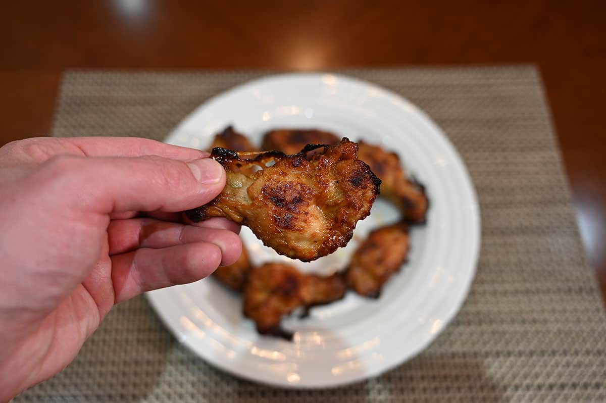 Closeup image of one chicken leg with plate of wings in the background.