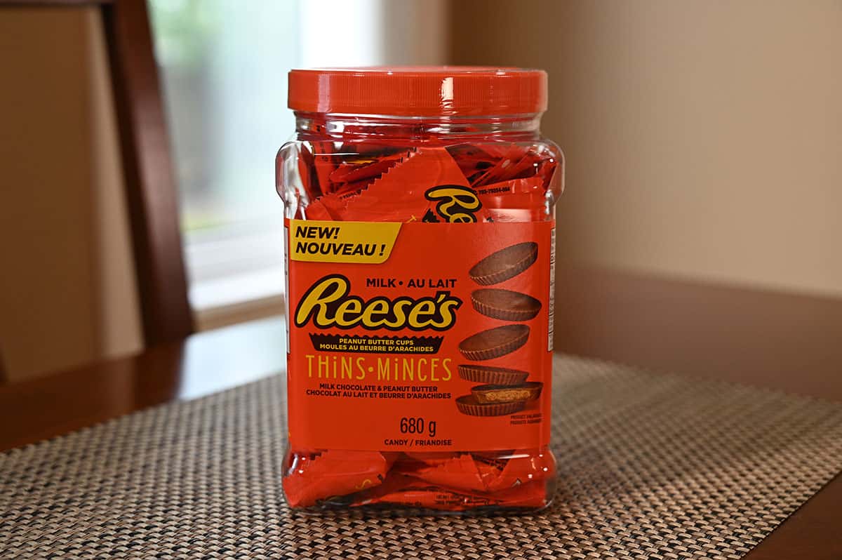 Image of Costco Reese's Thins container sitting on a table.