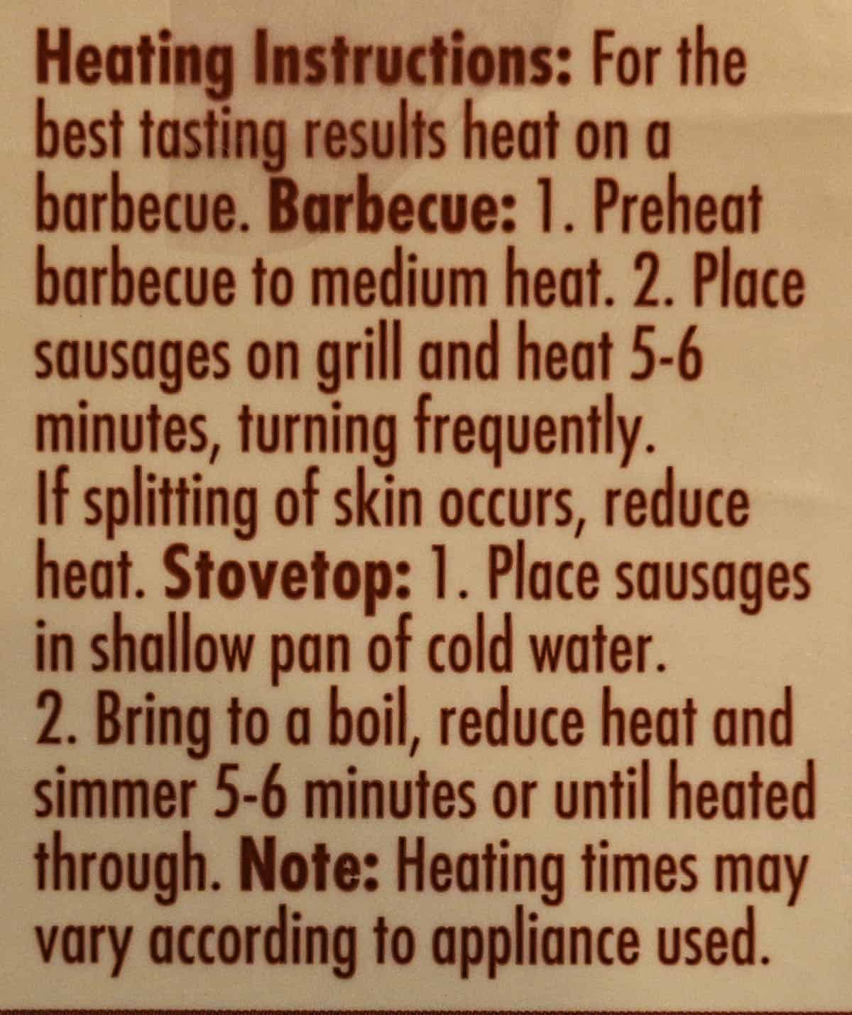 Heating instructions for the sausages from the package.