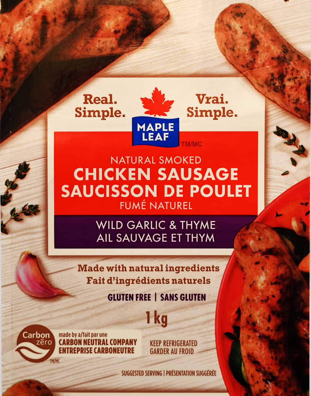 Closeup image of the front label on the chicken sausage.